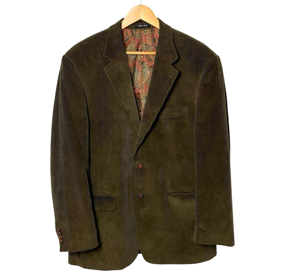 Lauren Ralph Lauren Blazer Mens 44L Olive Brown Corduroy Paisley Sport Coat